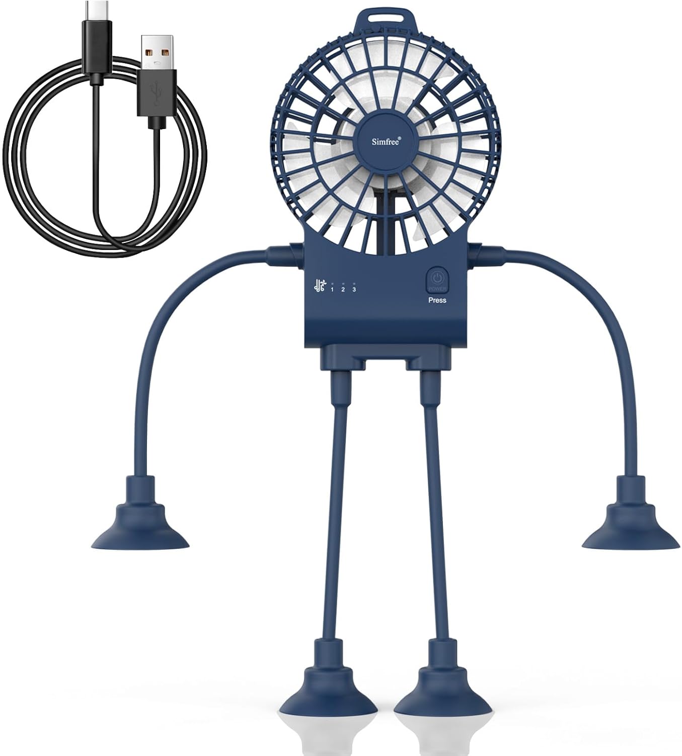 Simfree Portable Fan,Robot Desk Fan with Suckers-Rechargeable Portable Table Fan,3 Speeds Hands Free Fan for Home, Office,Game Room,Car and Outdoor Use-Navy