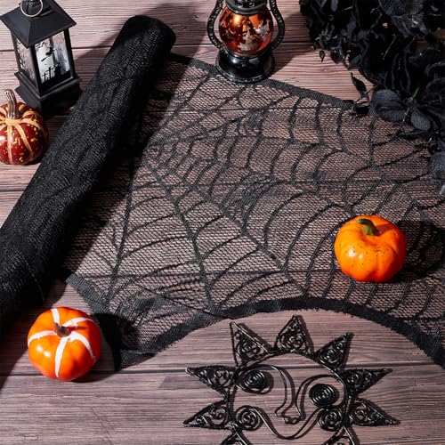 GORGECRAFT 103x18 Inch Halloween Fireplace Scarf Decoration Black Polyester Lace Spider Web Large Mantel Cover Garland Cobweb Table Cloth Placemats for Home Party Thanksgiving Festive Indoor Supplies - Image 4