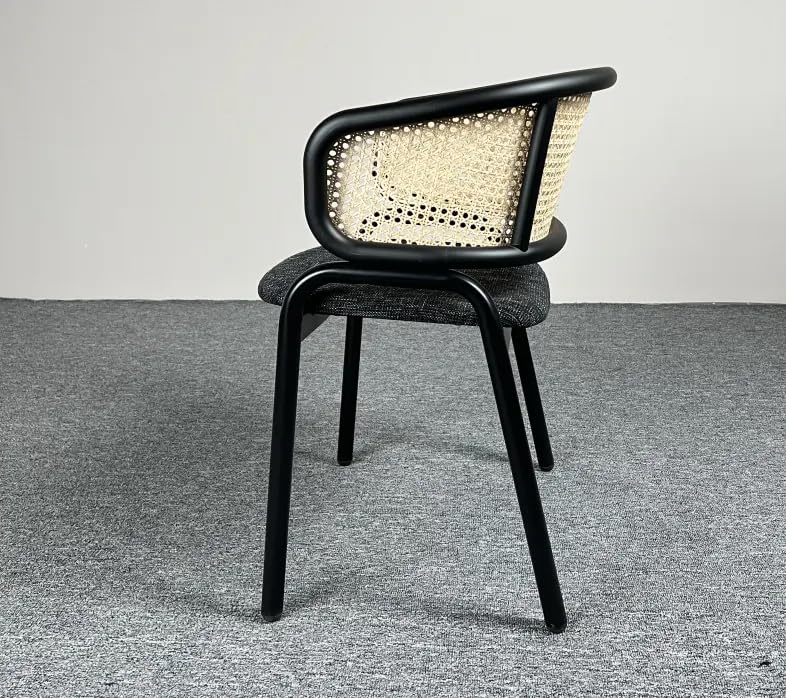 Milan Dining Chair with Rattan Back | Fabric Cushioned Seat | Sturdy Metal Frame & Legs | Modern Comfortable Chair for Dining Room, Living Room & Café | Grey | Ergonomic Armrest Support 3