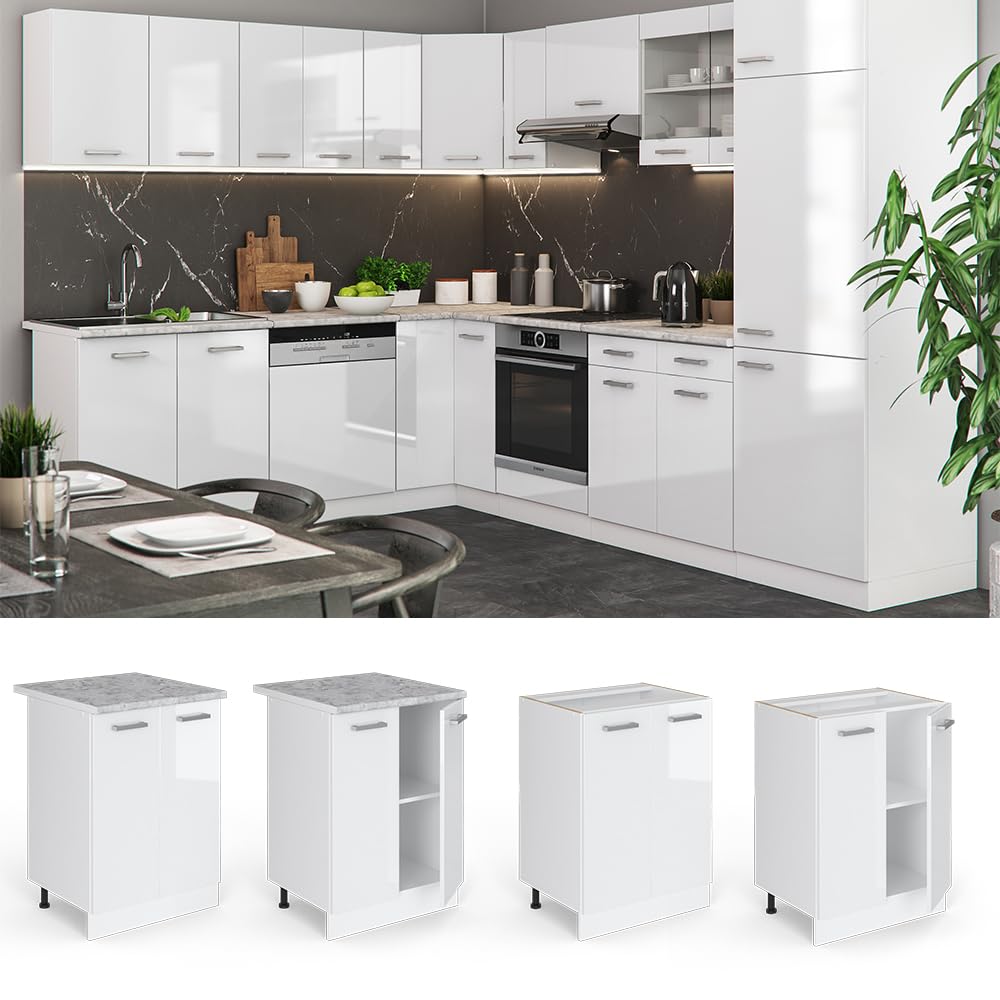 Vicco Mobiletto base cucina R-Line, Bianco lucido, 60 cm senza piano di lavoro, per la libera combinazione all'interno di sistemi cucina modulari