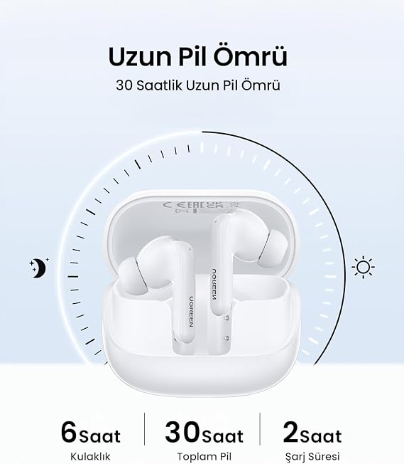 UGREEN HiTune T6 Magic Aktif Gürrültü Engelleyici Ekranlı Kablosuz Kulak İçi Kulaklık, 30 Saat Çalma Süresi, 4 Mikrofon, ANC, Beyaz, 55137