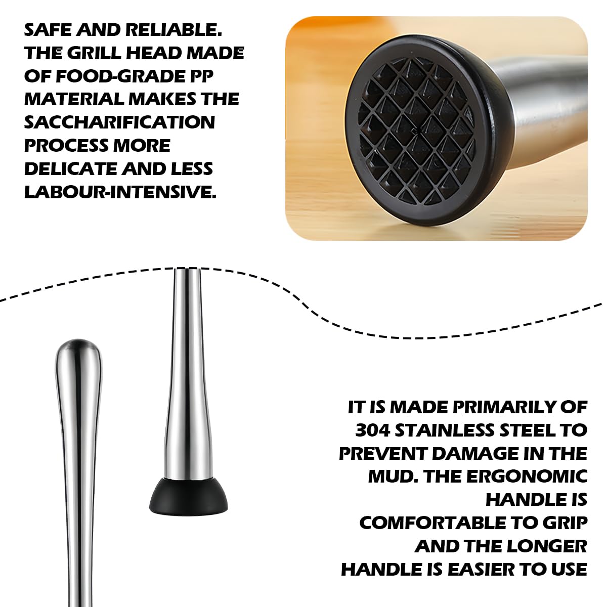 DOERDO Stainless Steel Cocktail Muddler Mojito Masher Fruit Mixer DIY Drink Wine Barware Tool, 11.4Inch, Silver, 11.8inch - Image 3