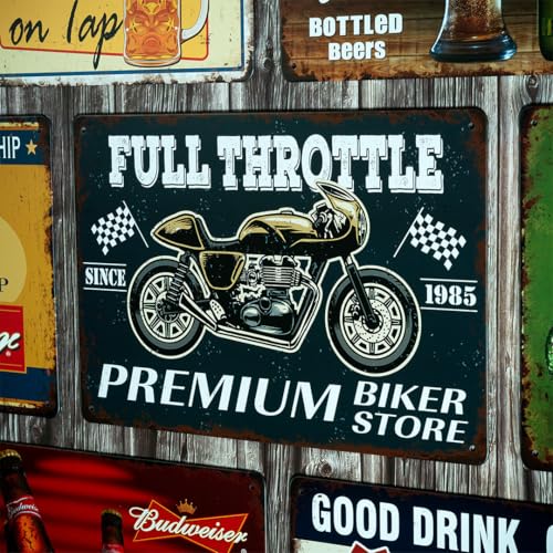Image of Decorative Retro Metal Signs Wall Plate - 12x8 Inch (Full Throtle Since 1985) | Weatherproof Vintage Metal Sign Plate for Cafe, Home, Bar, Garage | Decorative Wall Hanging Sign Board