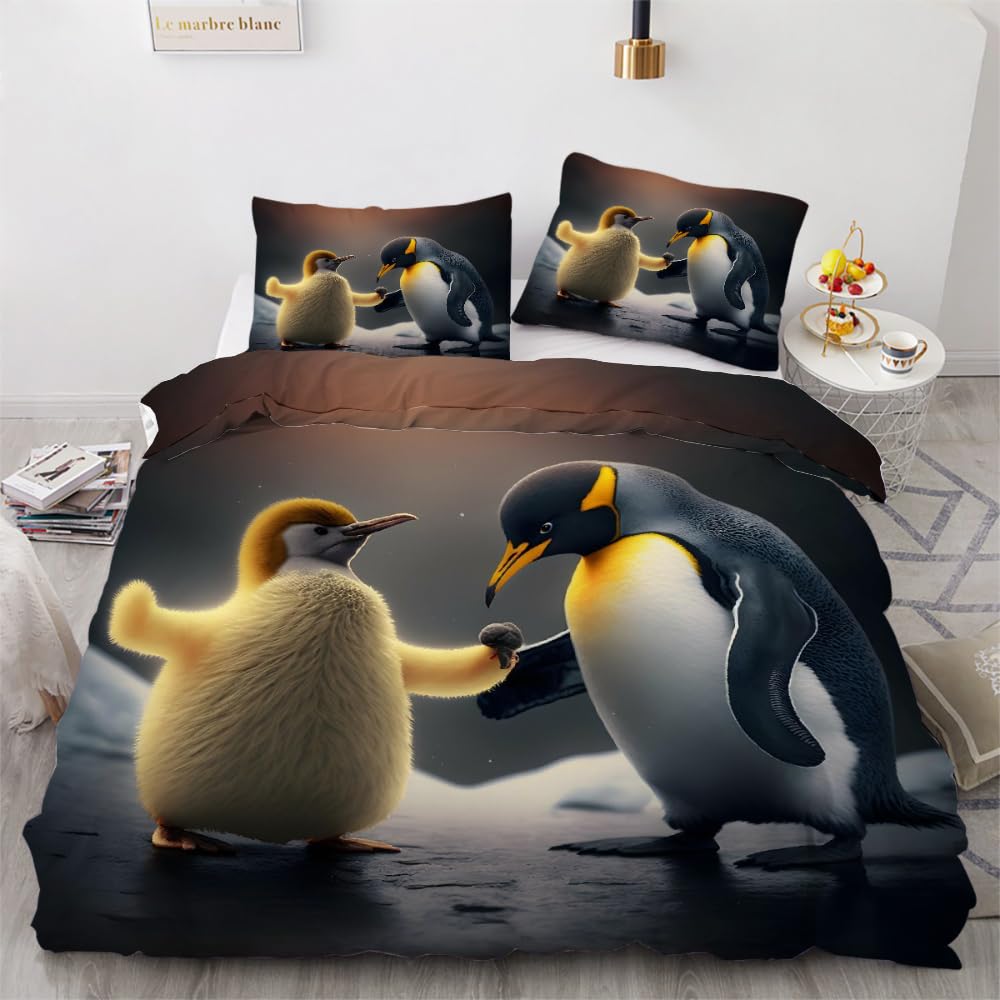 MARBRE 3D Penguin King Size Duvet Cover Set 220x230cm 3 piece Soft Microfiber Reversible Bedding Set Cute Penguin Comforter Cover with Zipper Closure Quilt Cover with 2 Pillowcase 50x75cm（Image 2-3）