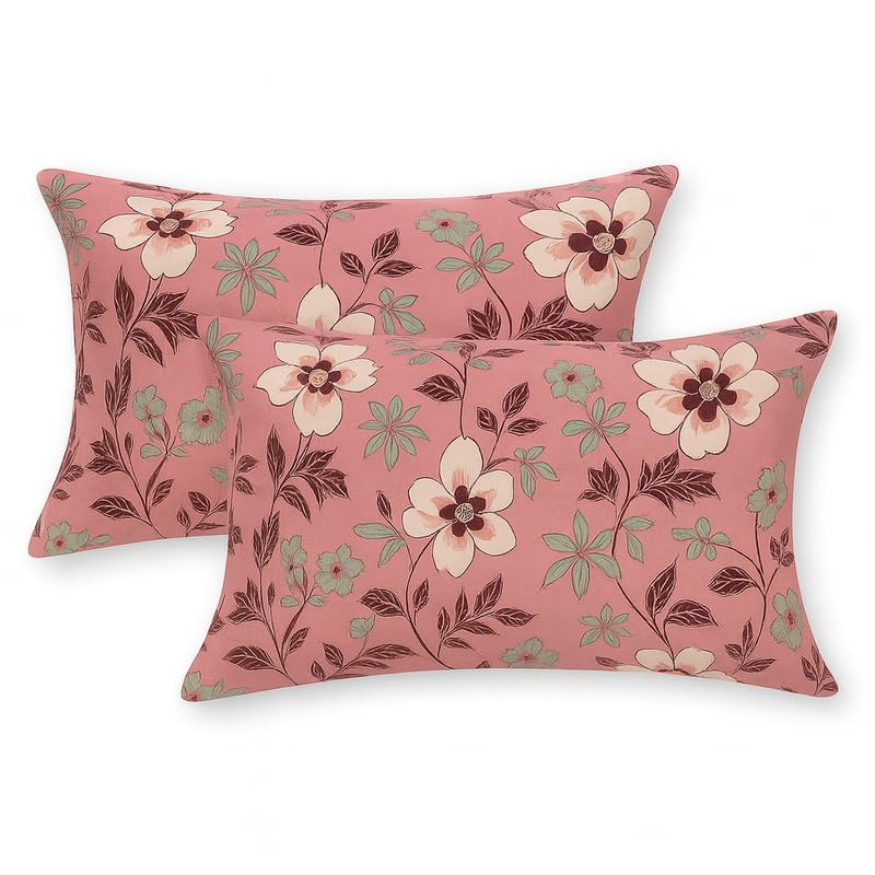Image of Pink Blossom Floral Print Fitted Bedsheet | Glace Cotton 140 TC | Queen Size (60x78 inch) with 2 Pillow Covers (18x28 inch) | Deep Pocket up to 10 Inches - Soft & Comfortable