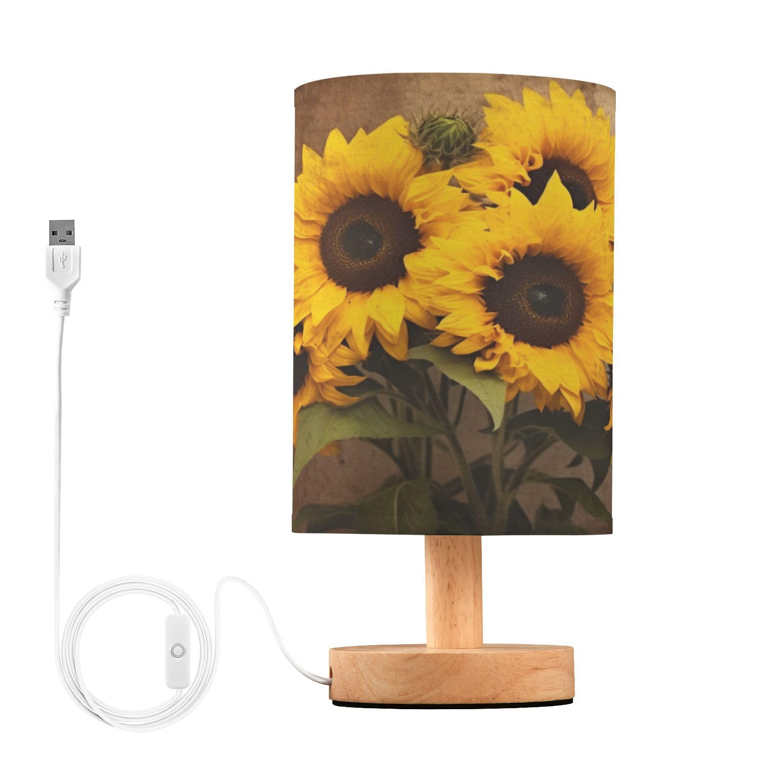 SKYSHU Sunflower Bedside Table Lamp, Small LED Desk Light USB Nightstand Lamp with Non Slip Wood Base & Eye-Friendily Lampshade for Living Room Bedroom Dorm Home Office Desk Decor