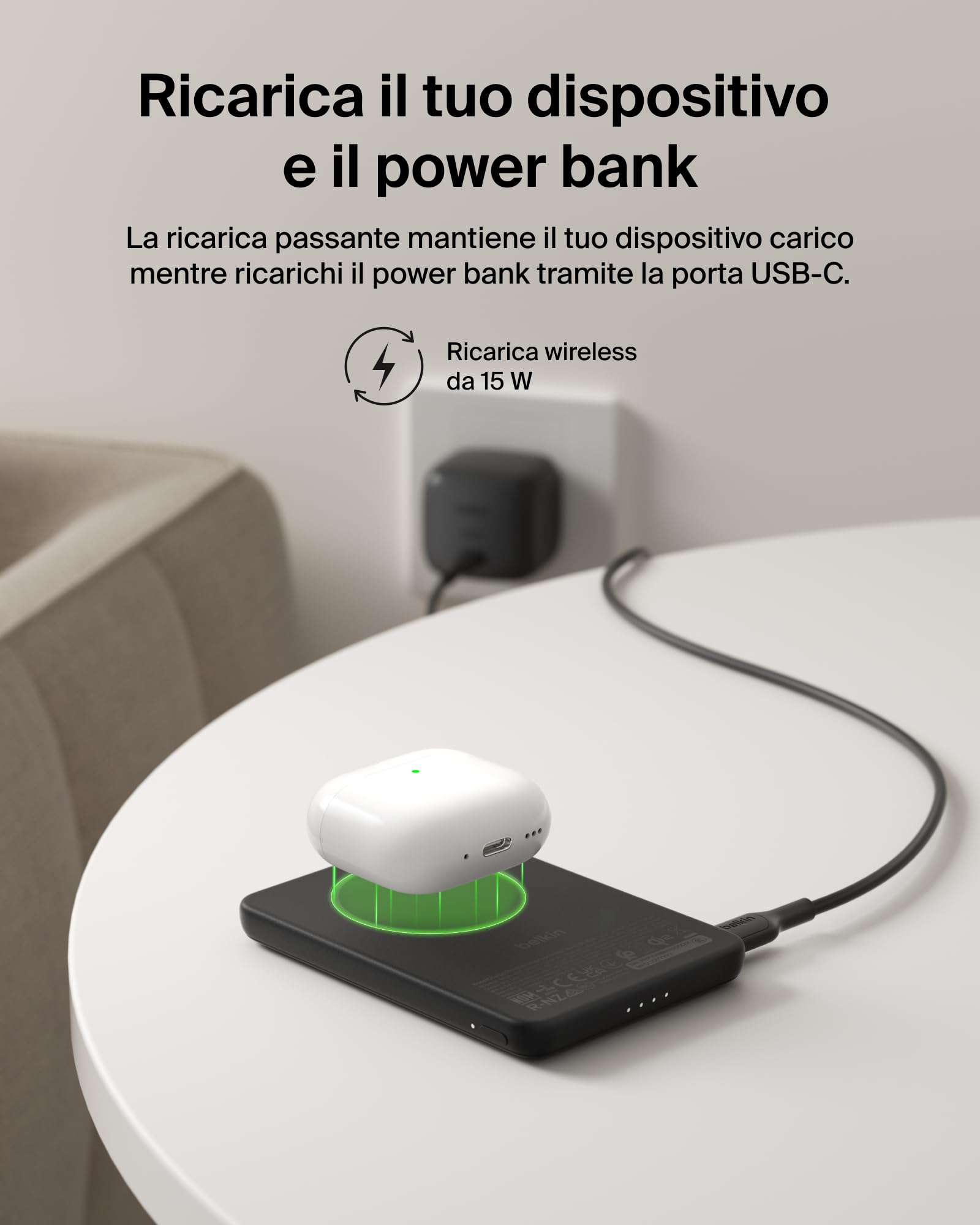Belkin BoostCharge Power Bank Magnetico 5000mAh, Anello Magnetico - Nero | Caricatore Portatile 5000mAh Wireless, Certificato Qi2, Anello Magnetico per Aggancio, 1 USB-C, Pre-Caricato, Cavo Incluso