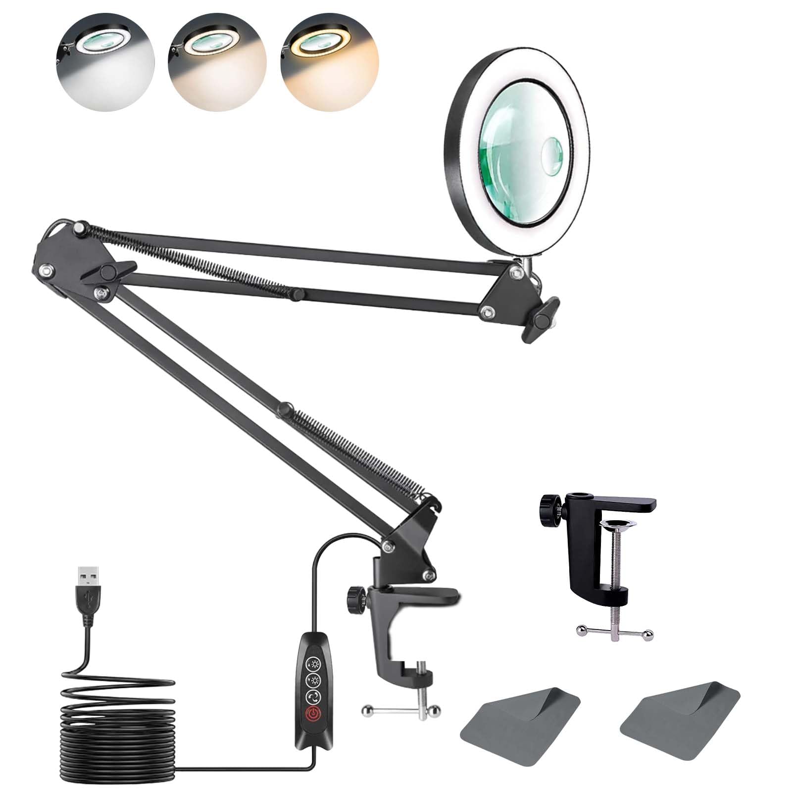 Lupe mit Licht, 10 Fach 15 Fach Lupenleuchte mit Klemme, Verstellbare Arm Lupenlampe Kosmetik mit 3 Modi Farben und Stufenlos Dimmbaren, Magnifying Glass with Light