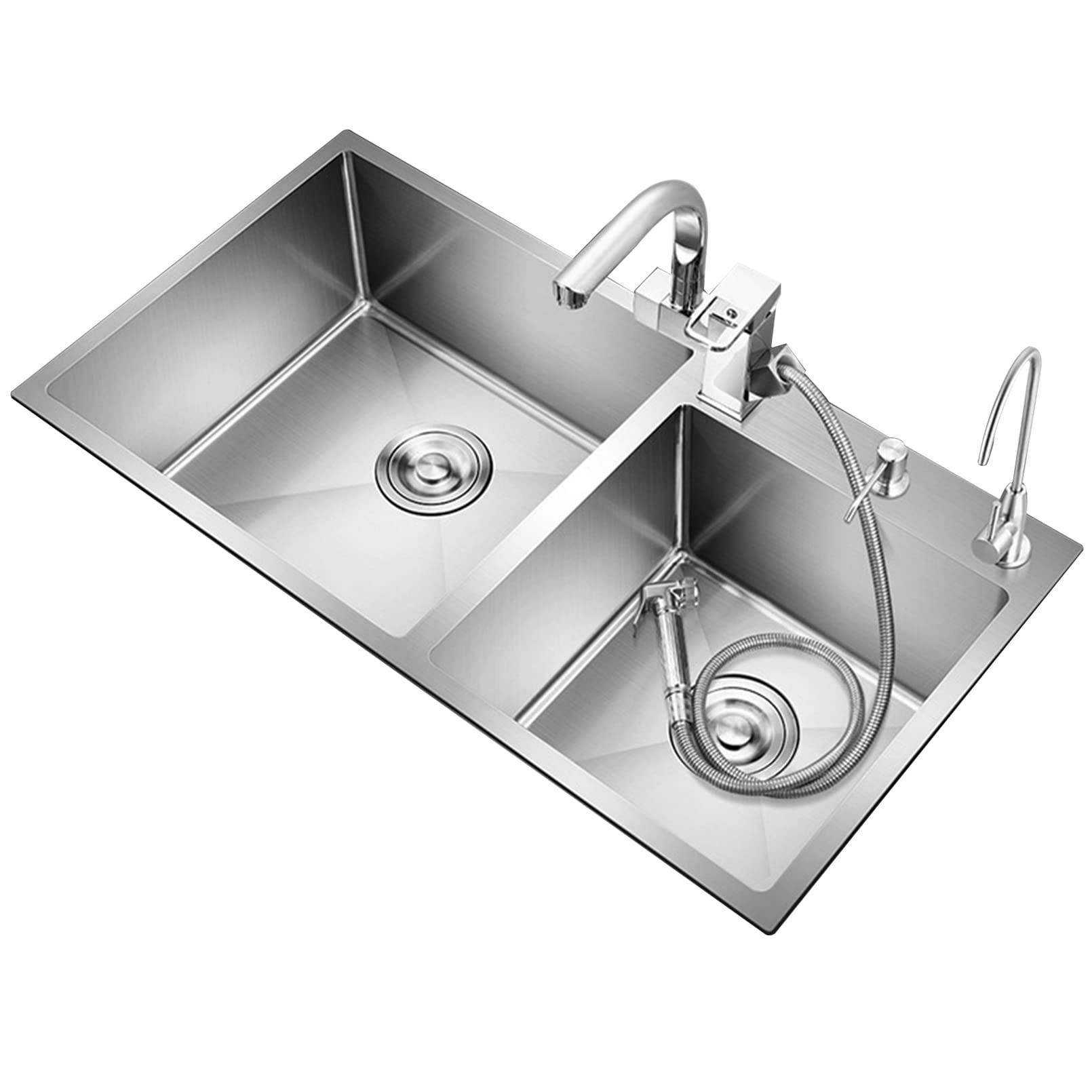Évier à deux cuves à montage supérieur en inox avec rebord intégré et accessoires