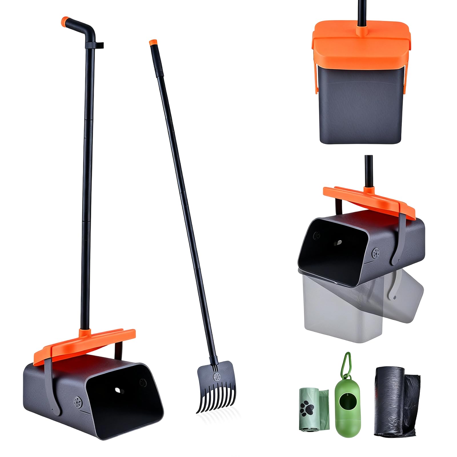 Ruiqas Dog Poop Scooper Long Handle Swivel Bin & Rake Kit with Non-Breakable 35 Waste Bags for Pet Waste Removal,Easy to Clean