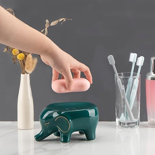 Miniatura 5 de CAIRIAC Jabonera de elefante para barra de jabón, soporte de cerámica autodrenante para esponja decorativa, jabonera de barra con drenaje para