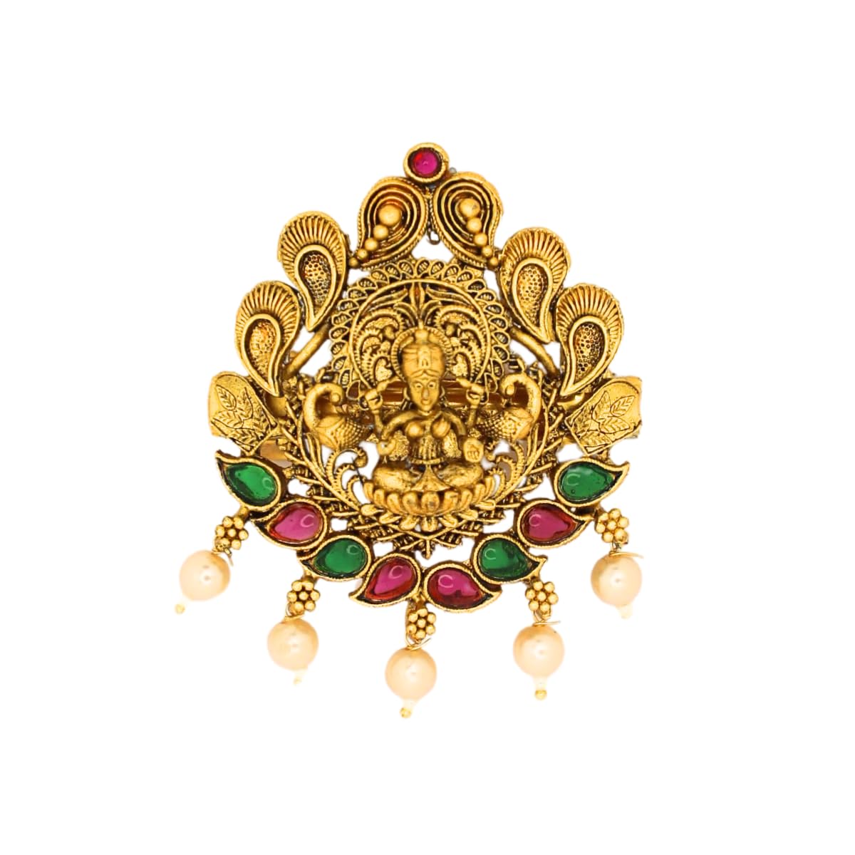 Traditional Temple Design Gold-Plated Hair Barrette Clip with Pearl Dangling Accents