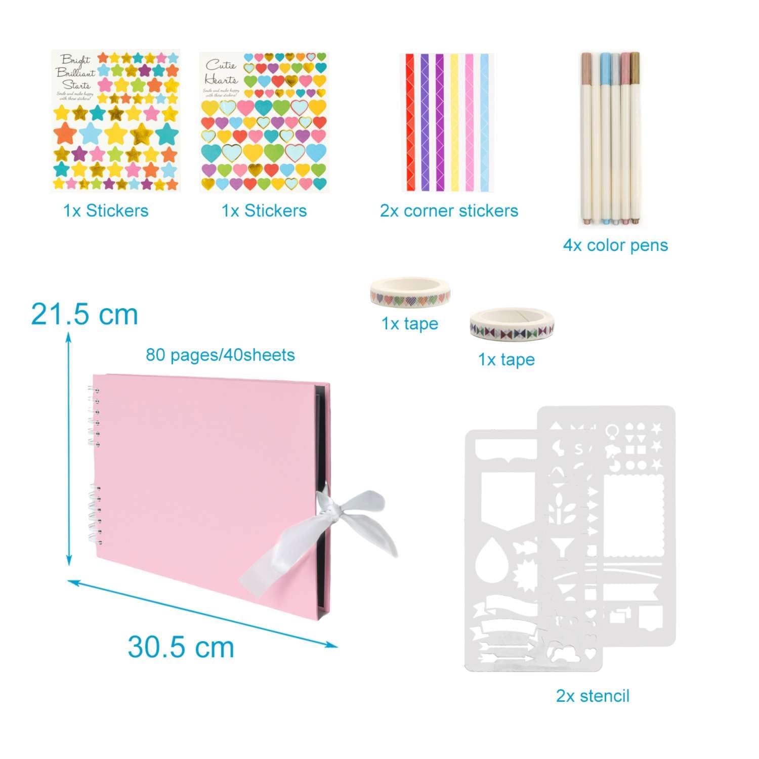 Intirilife Album Photo à Personnaliser En Rose - 30.5 X 21.5 X 1.8 Cm - Livre Photo à Spirale, 80 Pages Noires, DIY, Avec Des Stylos, Des Autocollants, Des Pochoirs, Cadeau, Mariage