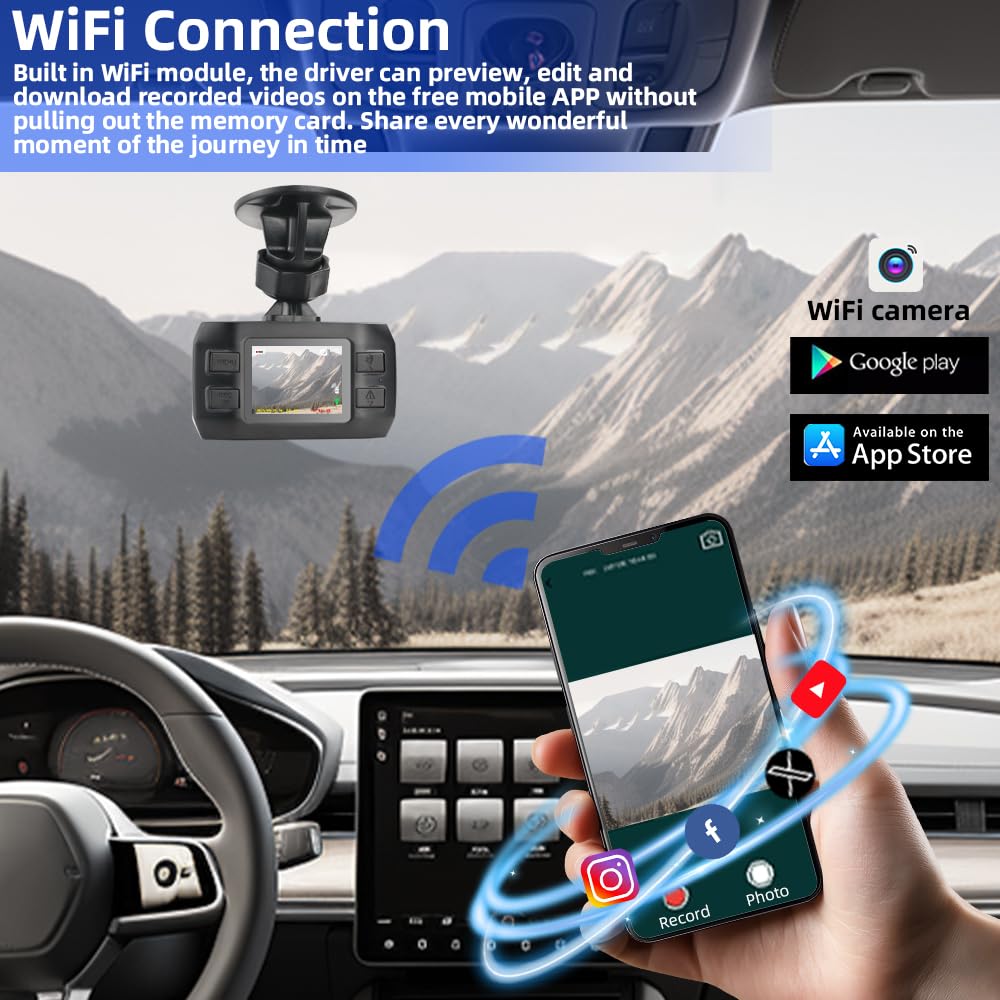 VSYSTO 2K Cámara de salpicadero para Coche con 4 sensores de presión de neumáticos, WiFi Mini cámara de salpicadero para Coches con Pantalla de 1,5 Pulgadas, Sensor G, grabación en Bucle (M1C)