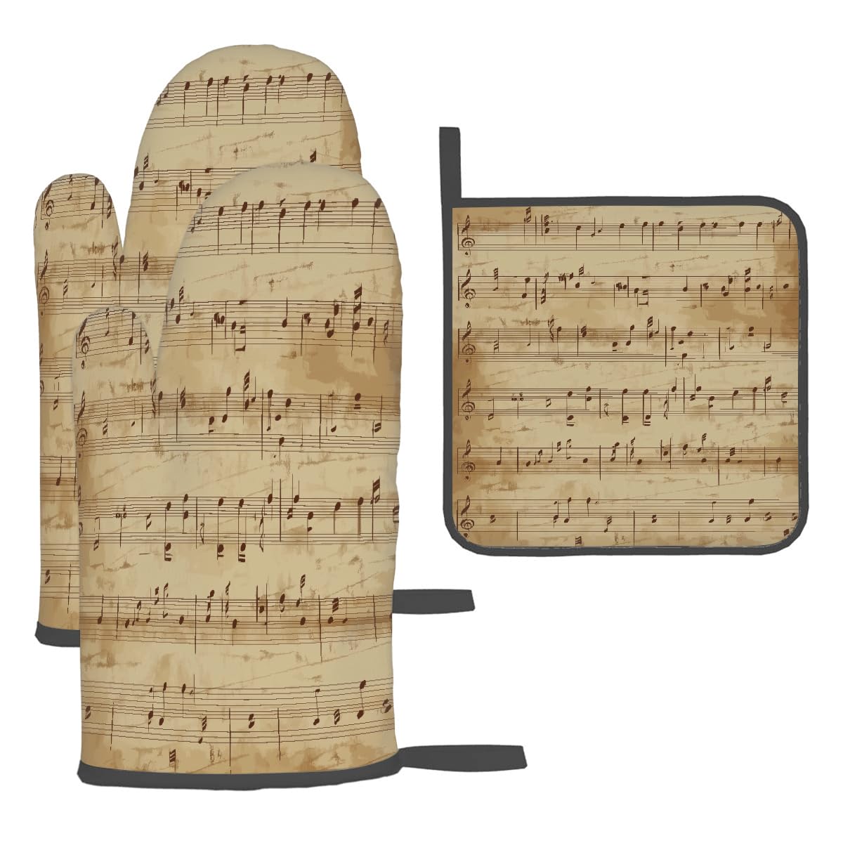 Potholders and Oven Gloves Heat Resistant, Retro Musical Note Pattern Kitchen Glove and Heat Mats 3-Piece Set, Insulated Oven Mitts for Kitchen, Baking, Cooking