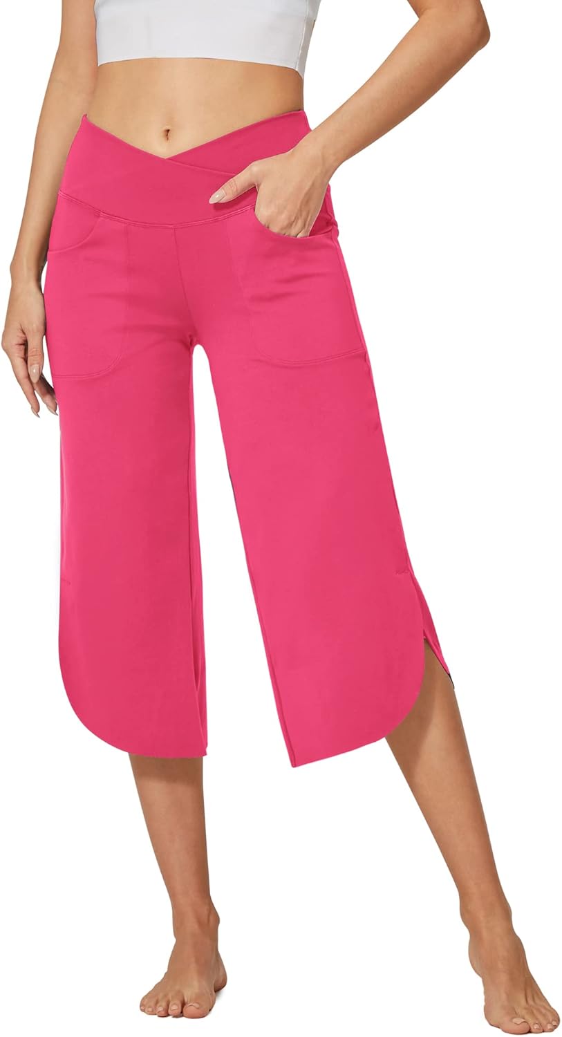 G4Free Capri Pants for Women Wide Leg Yoga Pants for Summer Flowy Capris Loose Casual Cropped Pants with Pockets