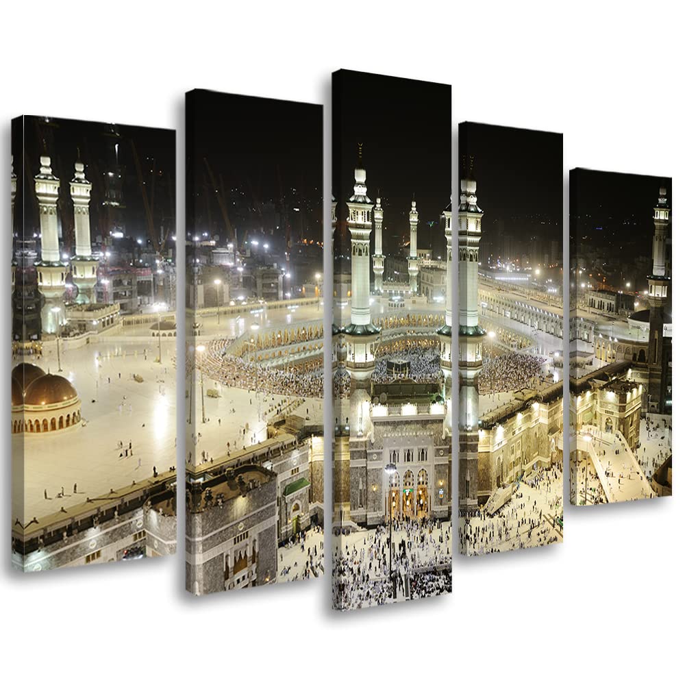 Feeby Tableau décoration 200x100 cm Arabie Saoudite Islam Mecque Kaaba Toile 5 parties Tableau Moderne Photo Chambre à Coucher Moyen-Orient Foi Vénération Religion beige
