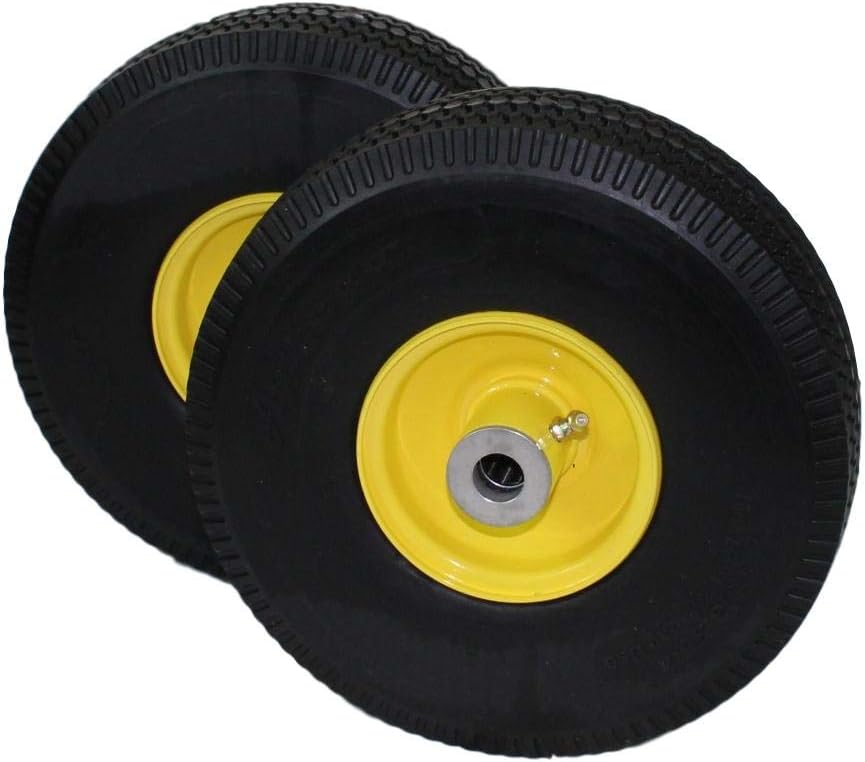 (Set of 2) 4.10/3.50-4 (10") Flat Free Tires and Wheels/Sawtooth tread, 4-1/4" Hub with 3/4" bore. Compatible with Toro 105-3471, Time Cutter Z, and John Deere