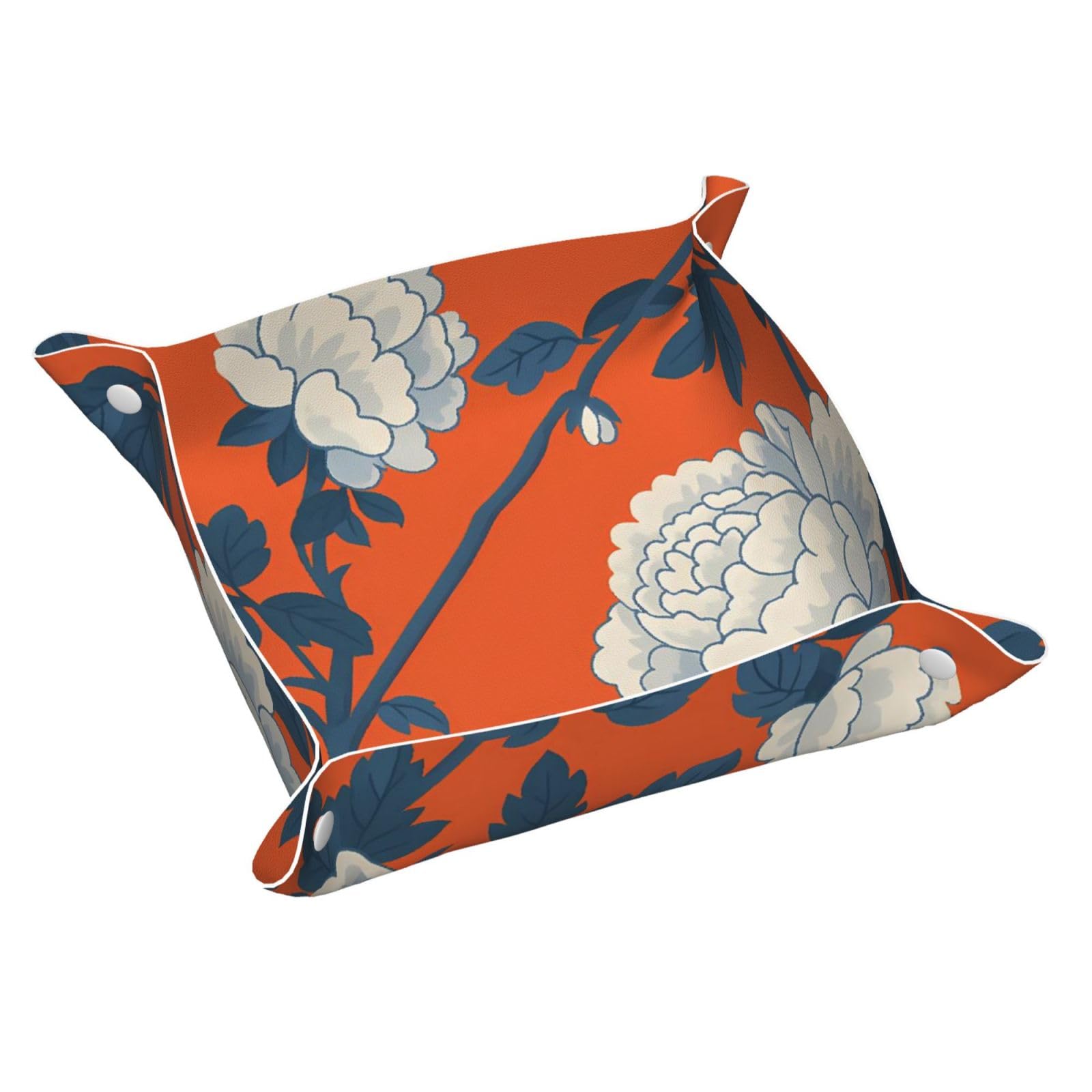HLBSDM Chinoiserie White Peony with Blue Leaves Tray Men's Leather Valet Parking Portable Entrance Trays Bedside Storage Box