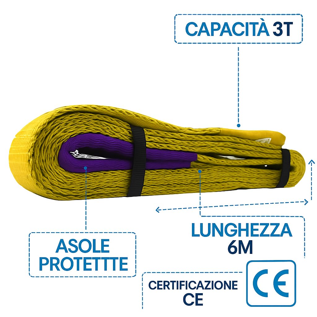 Fascia di Sollevamento 3 Ton – Lunghezza 6 Metri – Cinghia in Poliestere ad Alta Resistenza con Asola Rinforzata – Conforme Norme CE – LEMAG SRL
