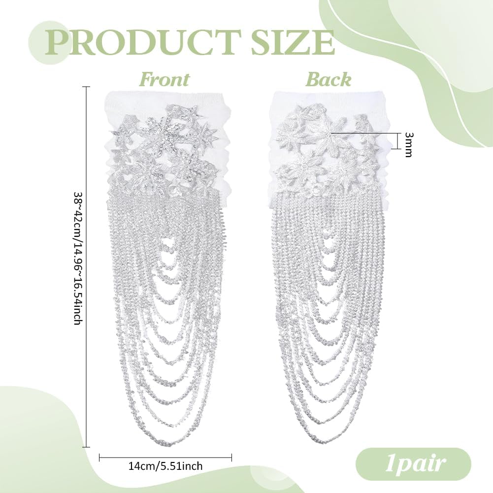 FINGERINSPIRE 1 Pair Handmade 3D Flower Rhinestone Applique 14.96~16.54inch Long White Sewing Crystal Fringe Beads Sequins Patches Embroidery Beaded Epaulettes for Evening Gown Wedding Dress Decor