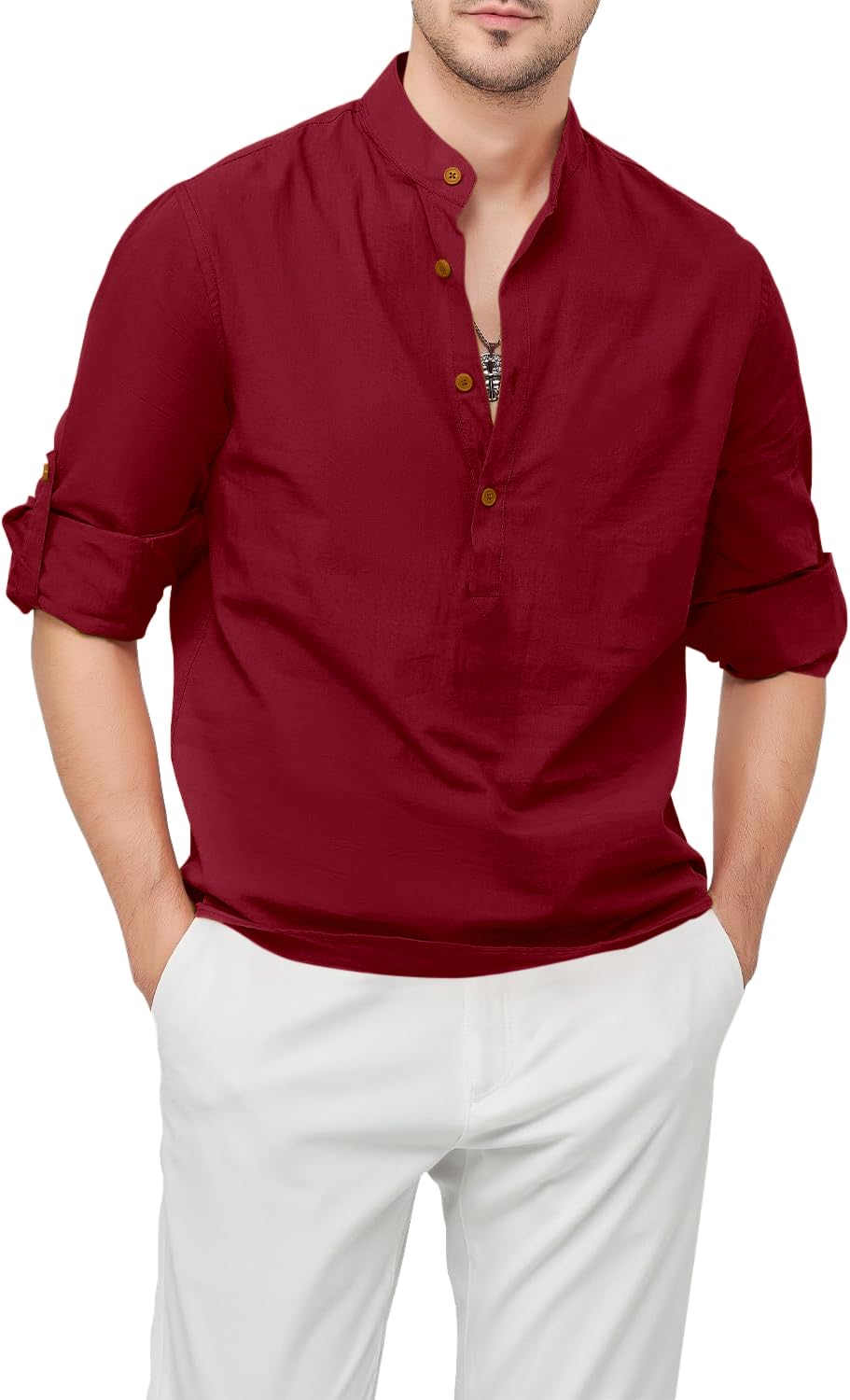 zombom Men's Cotton Blend Mandarin Collar Self One Design Full Sleeve Casual Short Kurta-picture-17