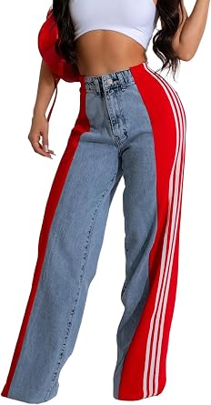 Angsuttc Womens High Waisted Wide Leg Jeans with Patchwork Side Stripes | Lightweight stretch feel;statement color-block styling for everyday wear and going-out looks
