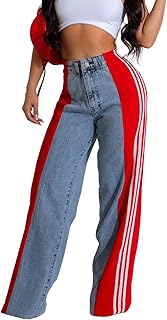 Angsuttc Womens Jeans with Patchwork Stripes High Waisted Stretchy Denim Color Block Straight Wide Leg Trendy Jean