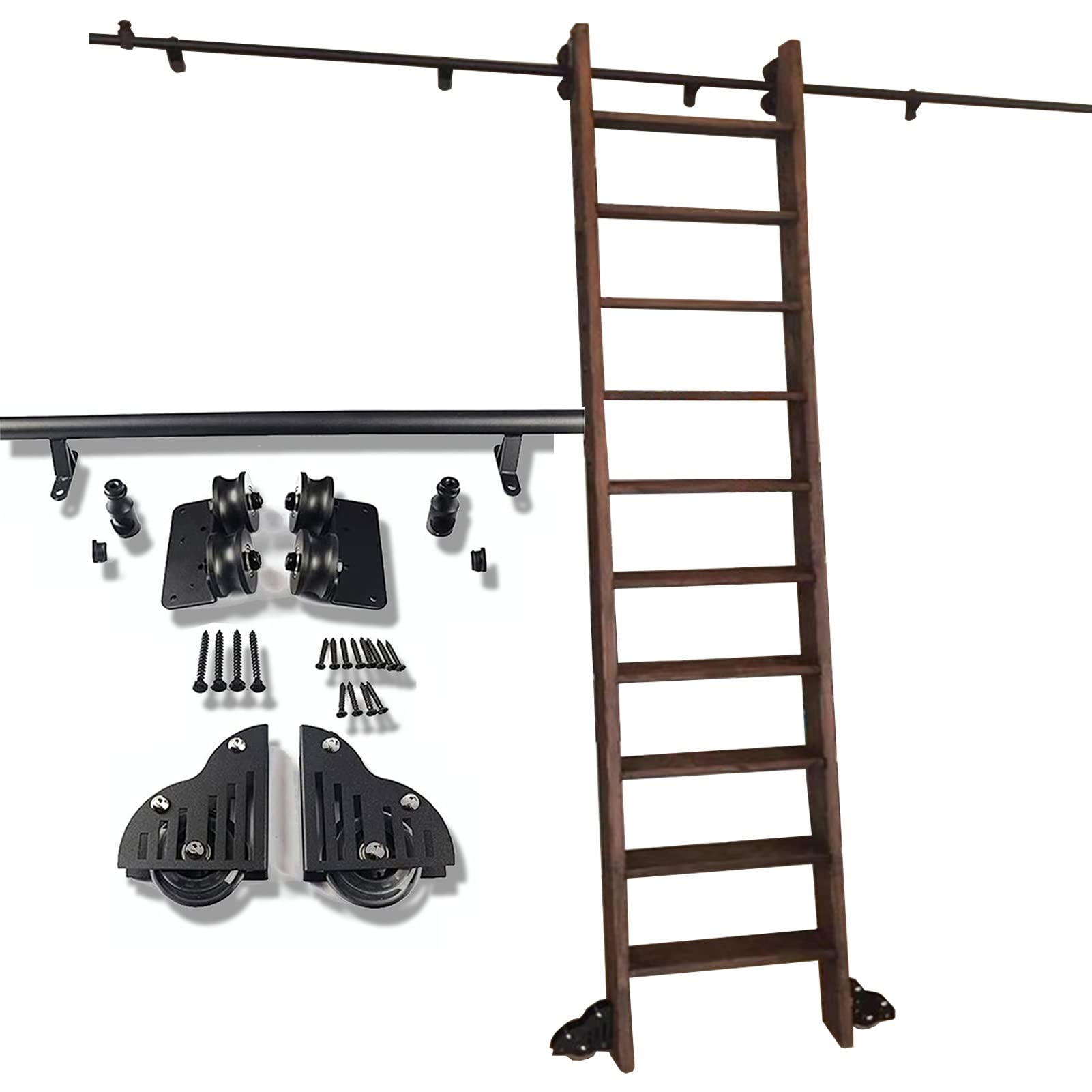 Kit rail pour échelle coulissante en acier noir de 3,3 à 20 pieds avec roulettes pour bibliothèque