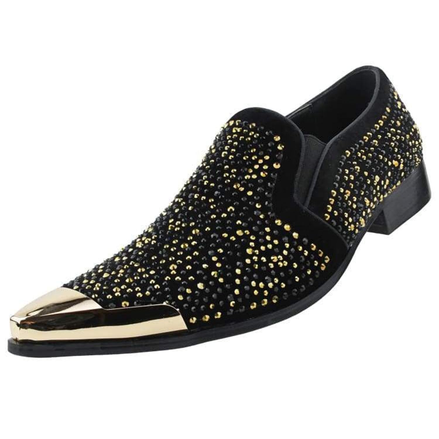 Bolano x Amali Men's Dress Loafers with Rhinestones, Slip-On, Tuxedo Loafer Shoes for Men, Pointed Toe with Metal Tip, Size Up