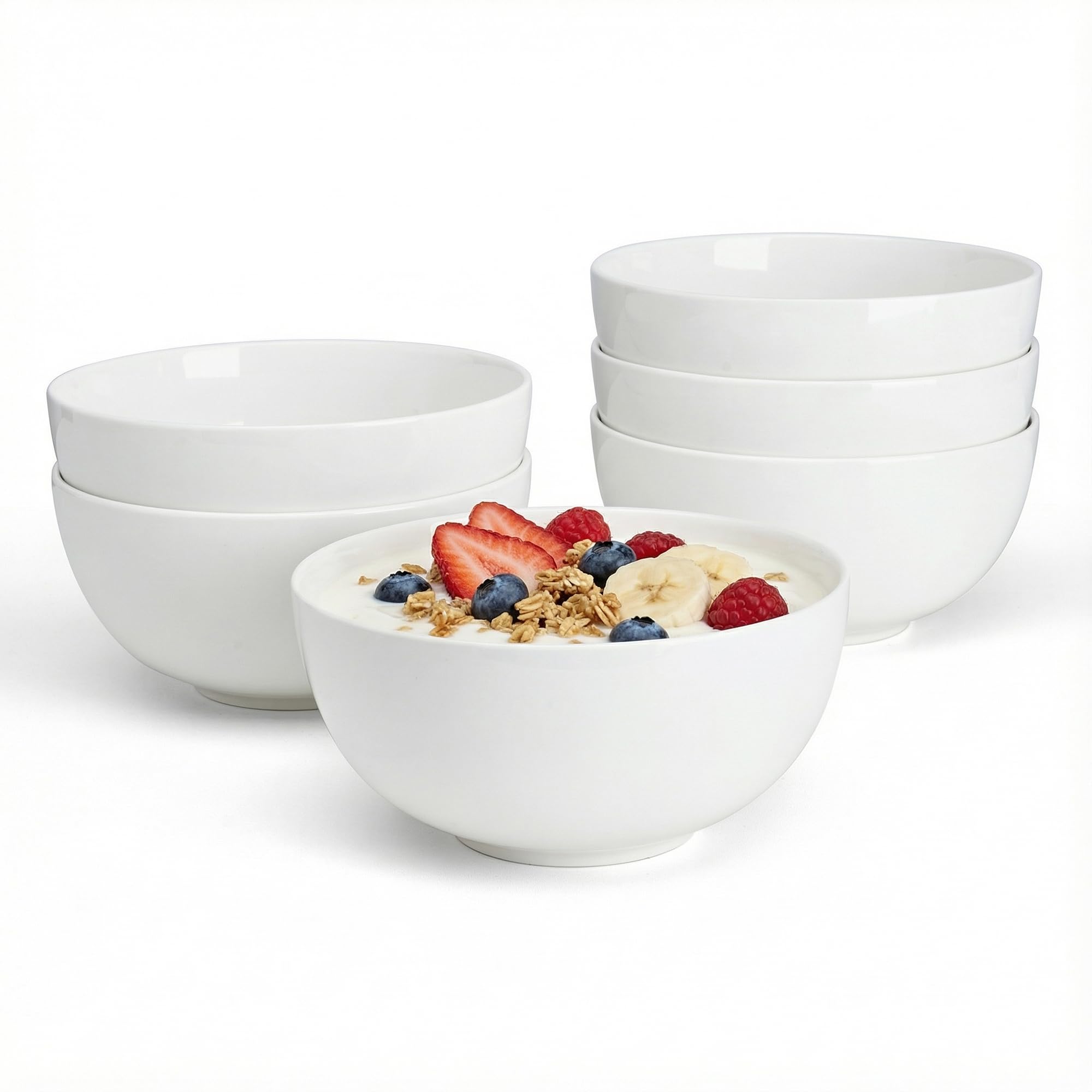 Porcelain Bowls Set of 6, 20oz Lightweight Round Cereal Bowls Set - Dishwasher, Microwave, Oven Safe, Scratch Resistant, Kitchen Serving Dishes - White