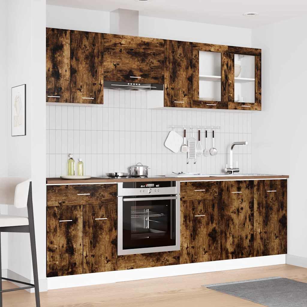 Lyon 8-częściowy zestaw szafek kuchennych z drewna dębowego wędzonego z 11 drzwiami, 2 szufladami i półkami, wolnostojące, do przechowywania i organizacji w jadalni, spiżarni