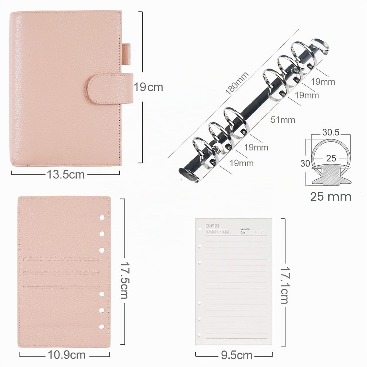 Moterm Agenda ad anelli personale Regular 2.0 Rings – Organizzatore in vera pelle (ciottoli rosa in polvere, anelli da 25 mm)