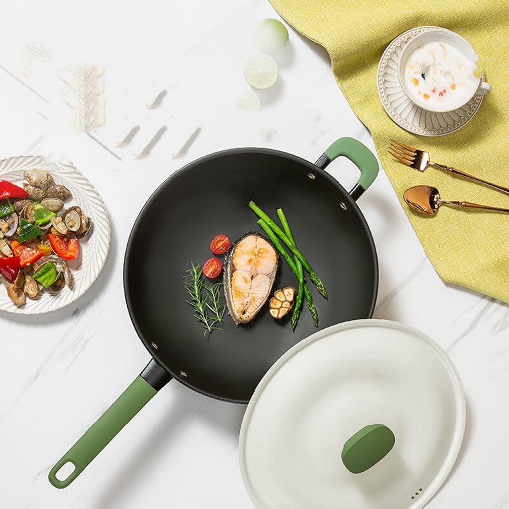 HBJWOV Milk Cover Pot Kitchen Household Pan Stir-fry Iron 30cm Flat Bottom Easy To Clean