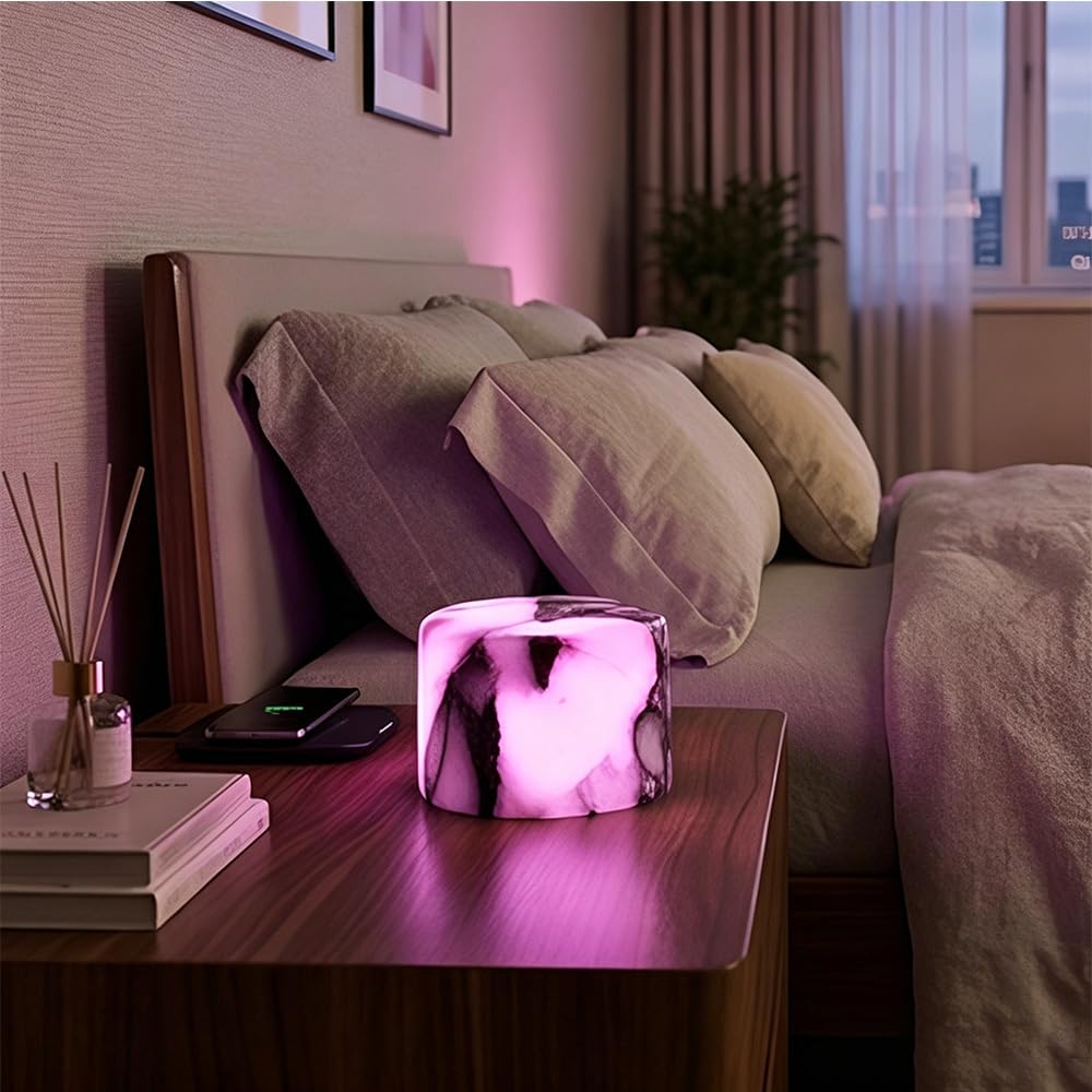 KUNBBEUR Marble Touch Lamp, Rechargeable Bedside Table Lamp, Night Light with 7 RGB Colours, Dimmable Natural Stone LED Ambient Light for Bedroom, Living Room, Office Decor (Marble Seven Colors)
