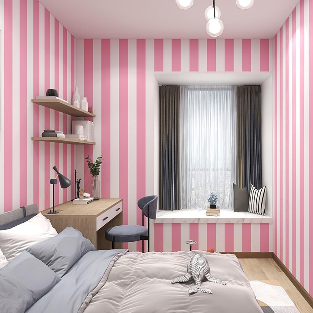 TAOHULIN 17.7" X 117" Pink And White Stripe Wallpaper Stick And Peel Countertop Self Adhesive