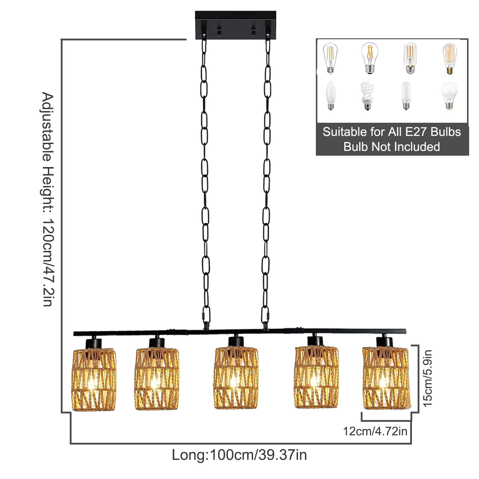 Pendelleuchte Rattan Schwarz 5 Flammige, Hängelampe Esstisch Boho HöHenverstellbar E27 Rustikal Retro Hängeleuchte Esstischlampe Hängend Vintage Metall für Küghe Esszimmer Wohnzimmer Bar Restaurant