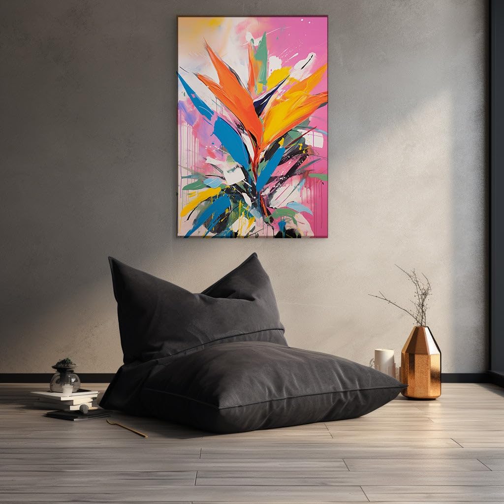 Canvas for Living Room. Vibrant Abstraction in Bloom: A Vivid Dance of Colors Capturing The Essence of The Bird of Paradise Flower, 27 x 18 inch Canvas Wall Art - Ready to Hang