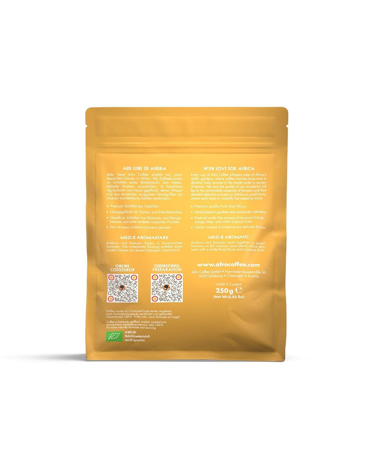 AFRO COFFEE Mild & Aromatic I 6 Pack I 250g Premium Bio Kaffeebohnen Fairtrade I Arabica & Robusta ganze Bohnen I Bohnenkaffee aus Ostafrika I blumige Note, handgepflückt, mittel geröstet, säurearm