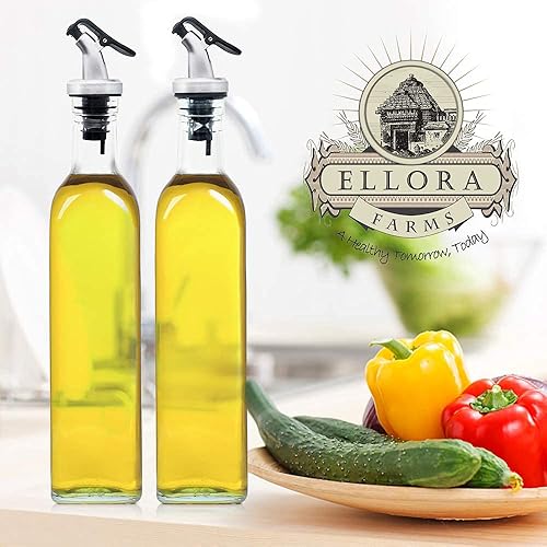 Miniatura 5 de Ellora Farms, Venus Glass Cruet Set, carrito de acero incluido, adecuado para aceite y vinagre, aderezo, jarabe, botellas grandes de 17 oz (16.9 fl