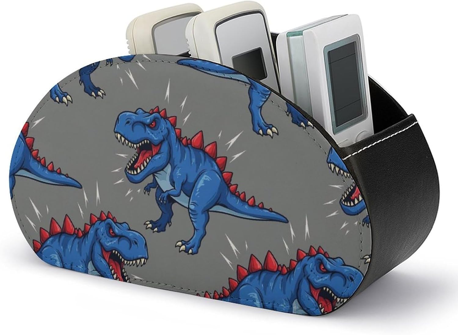 5-Slot Remote Storage Box, PU Leather Desk Organizer for TV Remotes, Makeup Brushes, and Bedside Table, Dino Dinosaur