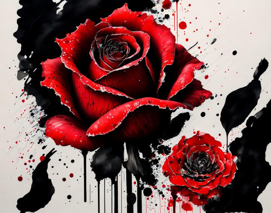 Peinture roses pinceau et encre GerRit 58x90cm pour raviver vos murs