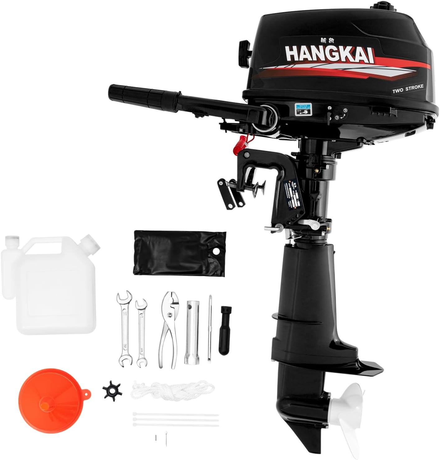 2 Stroke Outboard Motor with Funnel, 102CC 6HP Boat Engine Motor Heavy Duty Outboard Motor Inflatable Marine Fishing Yacht Engine Water Cooling System & CDI Tiller Control F-N-R Gear