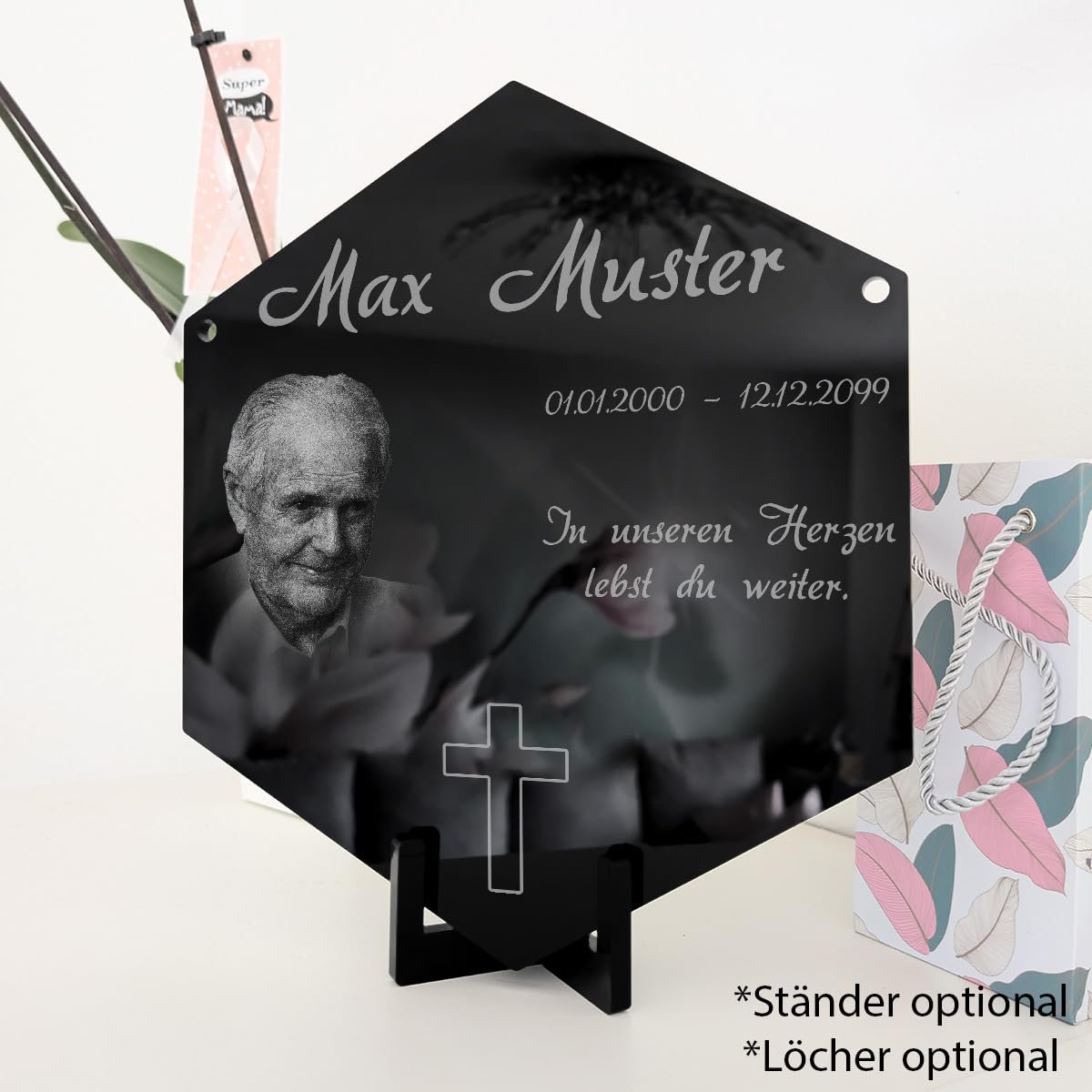 Personalisierter Sechseck Grabschmuck mit Foto Gravur - Acrylglas Schwarz Hochglanz 260 x 300 mm - wetterfest und wasserfest für Draußen und Innen, für Opa, Oma, Mama, Papa und Verstorbene
