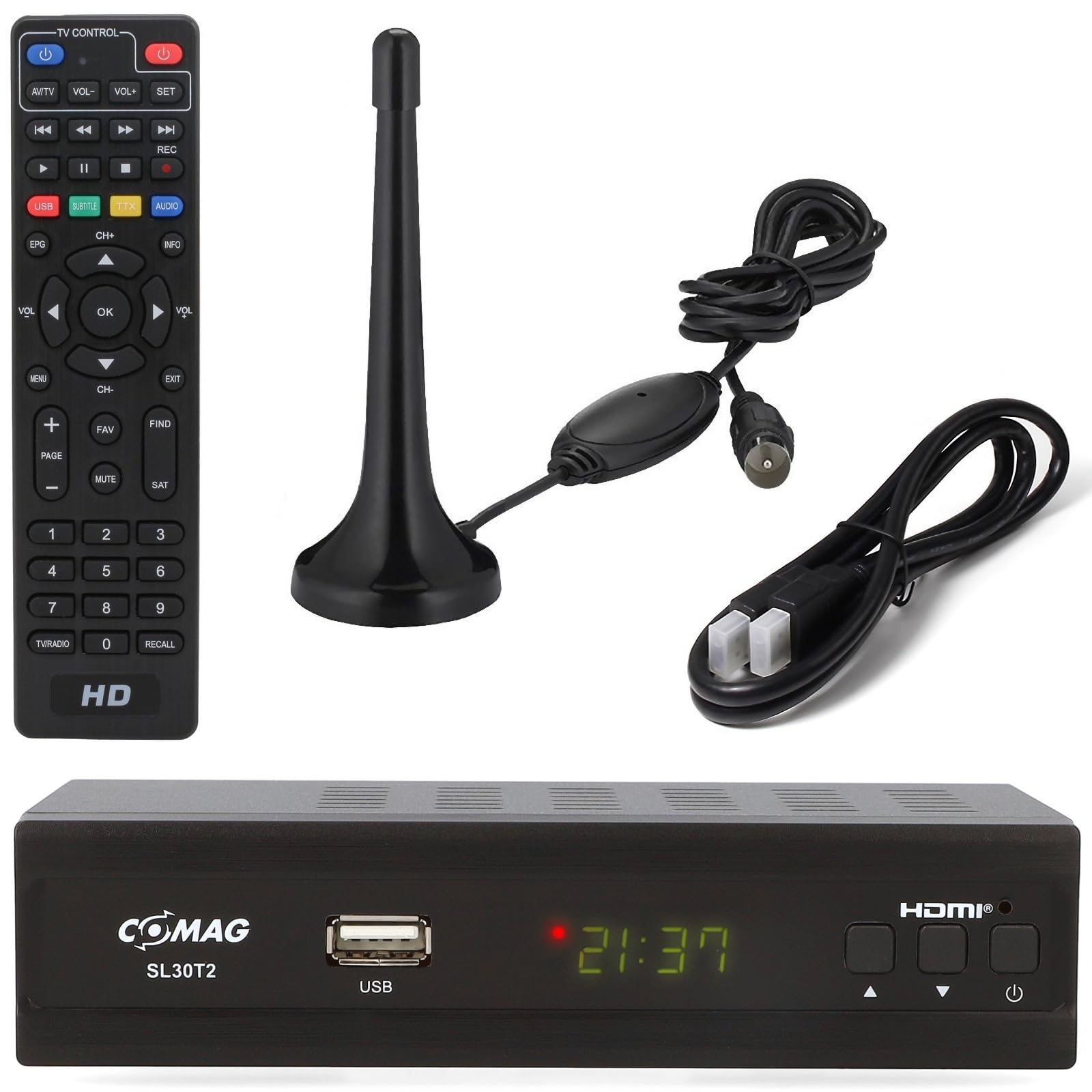 Comag SL30 DVB-T2 Receiver + aktive Zimmerantenne HDMI Kabel, HDTV für frei Empfangbare DVB-T2 Sender mit USB TV Aufnahme (PVR Ready)