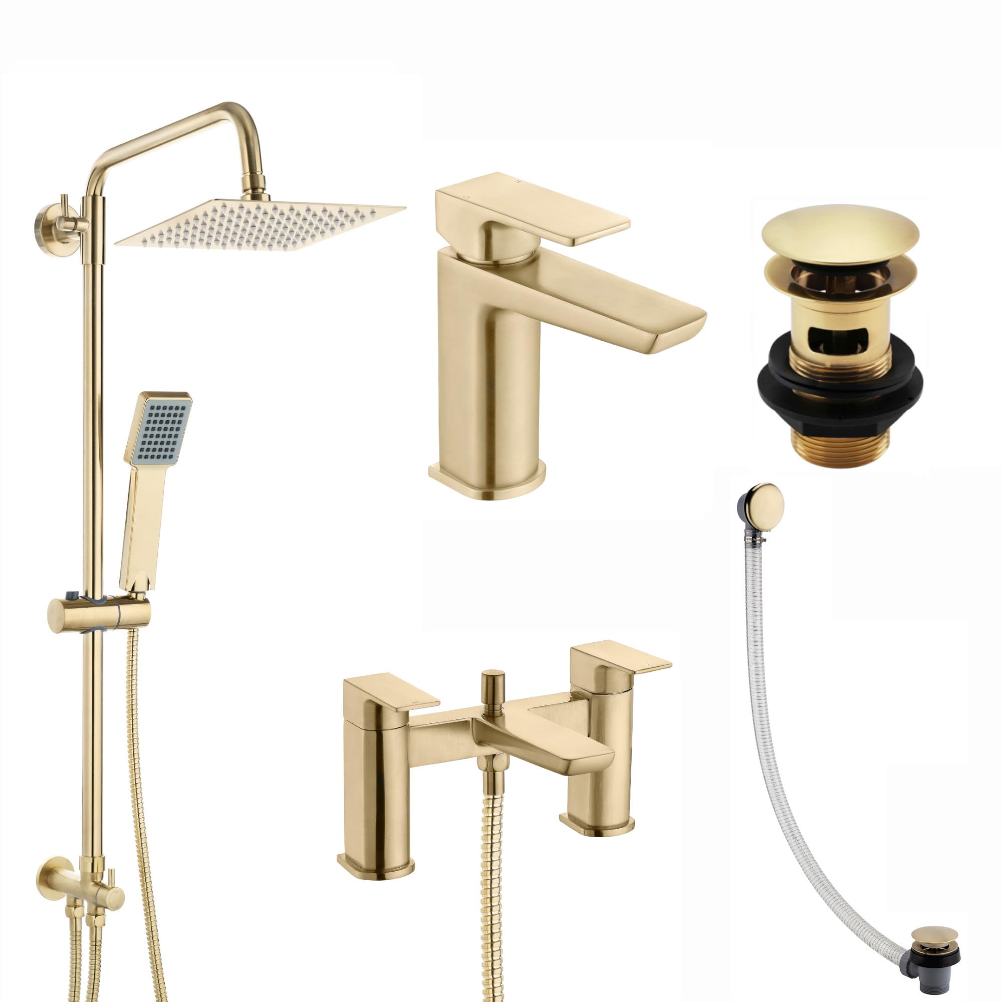 ENKI, Mykonos, BBT0277, Bundle Incl. Bath Shower Mixer Tap with Dual Riser Rail, Basin Mixer, Bath and Basin Wastes, Brushed Brass