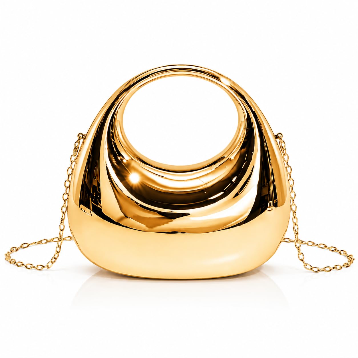 Metallic Dome Clutch Sling Bag | Fashionable Golden Clutch bag | Mirror Finish with Detachable Gold Chain Strap | Stylish sling Bag for Girls & Women | Perfect for Party & Weddings-image-49