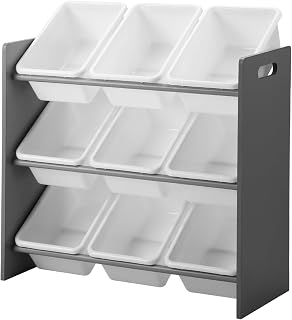 OIKITURE Kids Toy Box Chest, 3-Tier Storage Rack Organiser with 9 Removable Bins, Anti Tipping Kit, Display Shelf Versatile Use for Living Room, Playroom, Nursery,70x64x27cm, Grey and White
