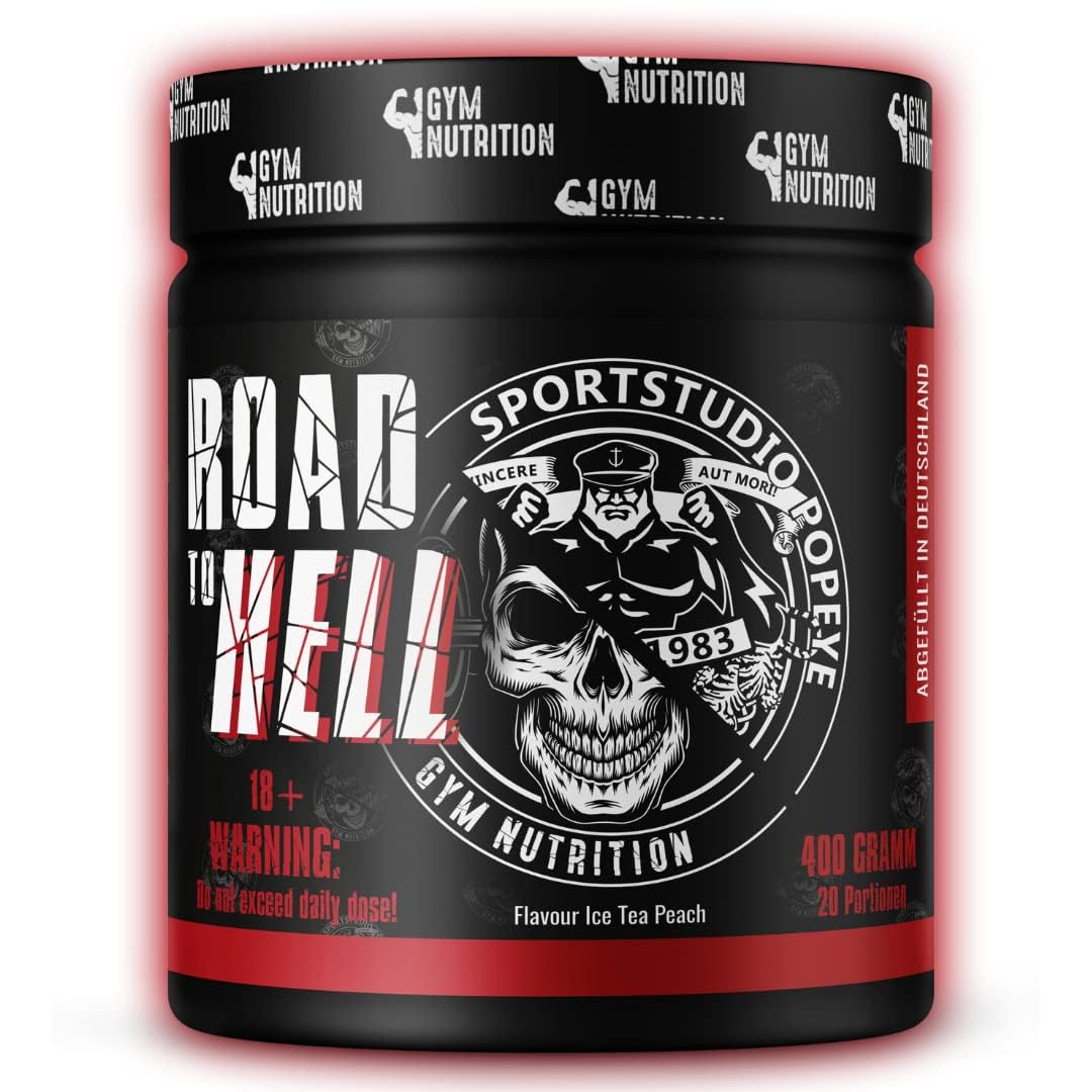 ROAD TO HELL - Ultra Hardcore Booster Pre workout - Pulver - ATP + L-Arginin + Citrullin + Beta Alanin + Koffein 400g in Zusammenarbeit mit Sportstudio Popeye Ice Tea Peach Geschmack Vegan