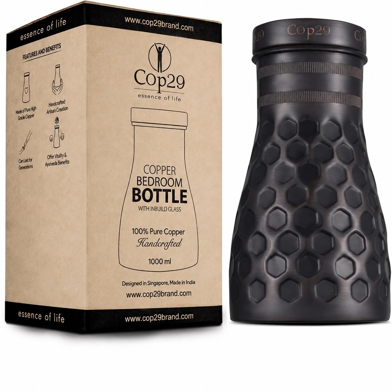Cop29 Handgemachte Dolny Anitke Wabenmuster Kupfer Schlafzimmer Wasserflasche I Jar mit Deckel I Bettseite Wasser Karaffe (loser Deckel) -1000ml / 34oz